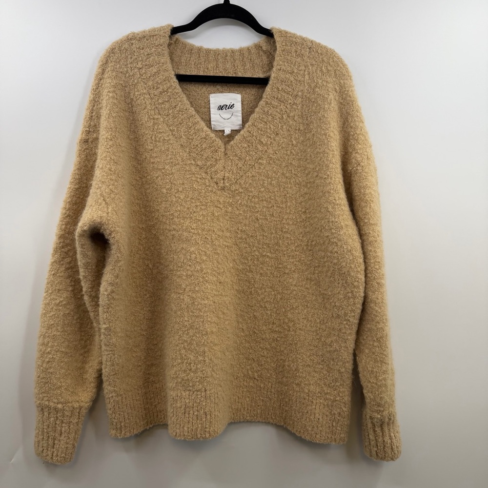 Aerie Teddy Boucle Sweater Womens L Tan Camel Fuzzy Oversized V Neck Wool Blend